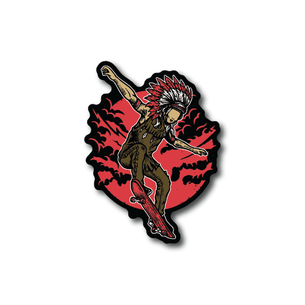 Vinyl skateboard sticker of chief skater with red flames and black outline