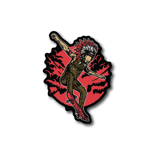 Vinyl skateboard sticker of chief skater with red flames and black outline