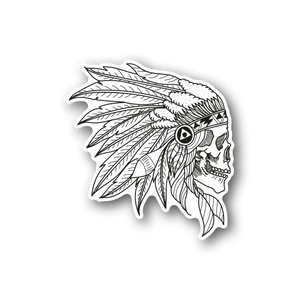 Skull vinyl sticker with Native-style feather headdress, outline art