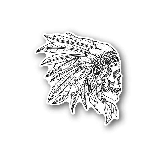 Skull vinyl sticker with Native-style feather headdress, outline art