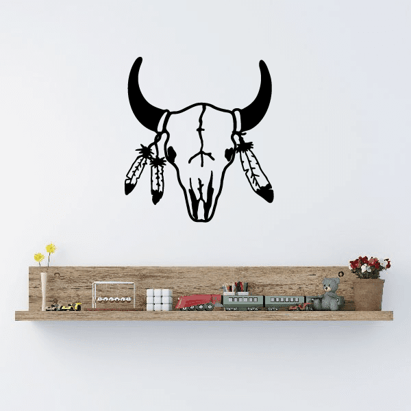Southwestern cow skull wall decal with black horns and feather details