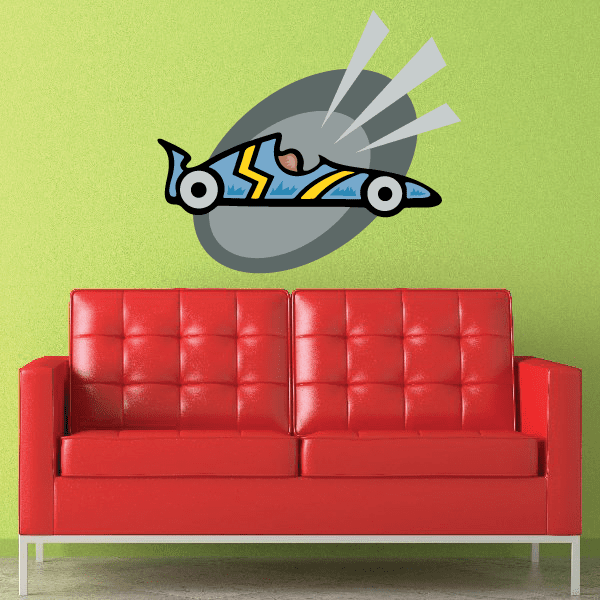 Racing car alert sticker with blue car, yellow stripes, and megaphone graphic