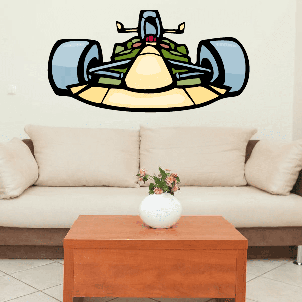 Cartoon Indy car sticker with open wheels and driver helmet, centered on wall