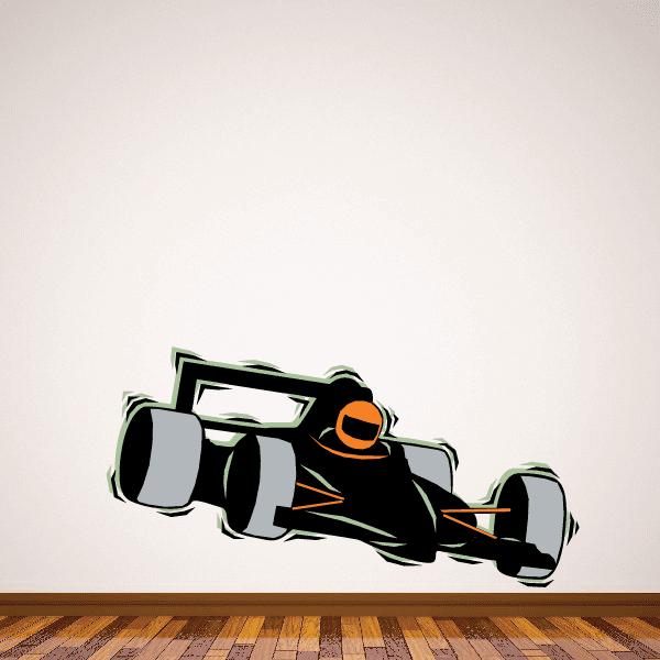 Racing car sticker in black with orange accents, green outlines