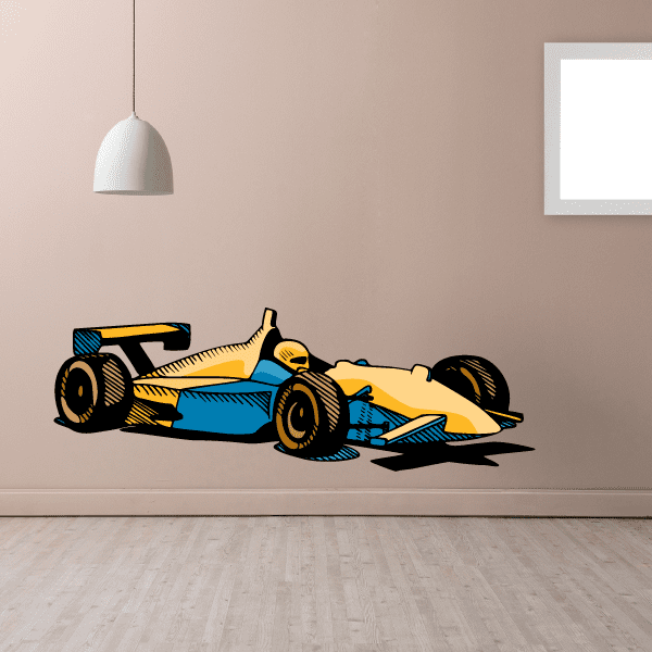 Yellow and blue Indy-style race car sticker with black wheels