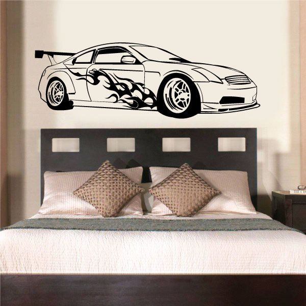 Car wall decal with black flame graphics and white vehicle outline