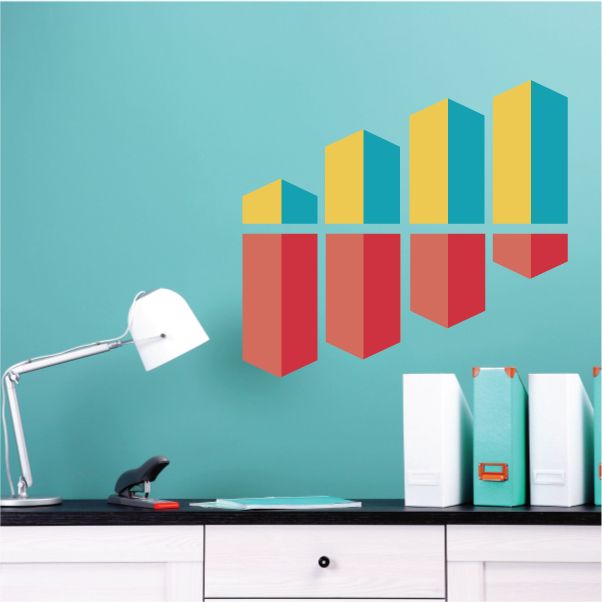 Vinyl wall decal set of stacked vertical blocks in blue, yellow, and red