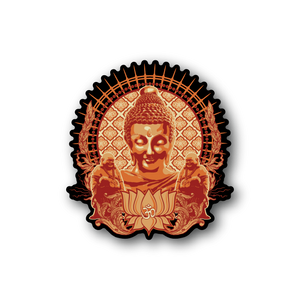 Inner Peace meditation vinyl sticker with orange-gold Buddha and mandala rays