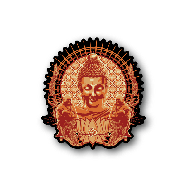 Inner Peace meditation vinyl sticker with orange-gold Buddha and mandala rays