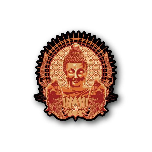 Inner Peace meditation vinyl sticker with orange-gold Buddha and mandala rays