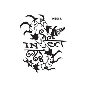 Insect graffiti decal in black and white, with stylized insect shapes and text.