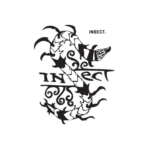 Insect graffiti decal in black and white, with stylized insect shapes and text.