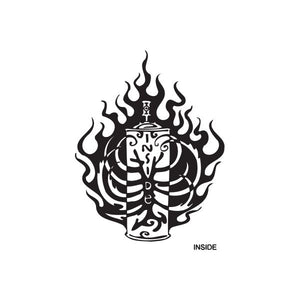 Inside spray paint can decal with black flame skull graphic and INSIDE text