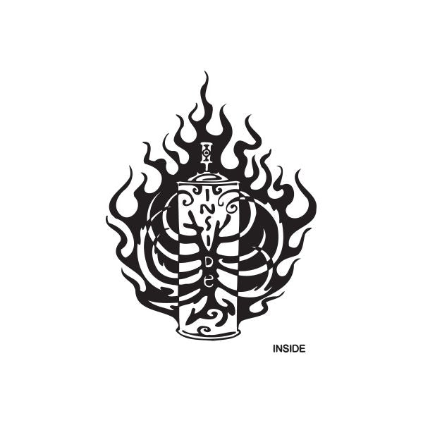 Inside spray paint can decal with black flame skull graphic and INSIDE text