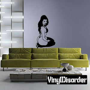 Sitting woman bikini wall decal, black silhouette with long hair pose