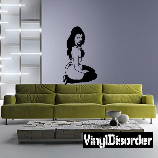 Sitting woman bikini wall decal, black silhouette with long hair pose