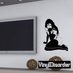 Lingerie and thigh-high woman silhouette wall decal, black with VingDiaborder text
