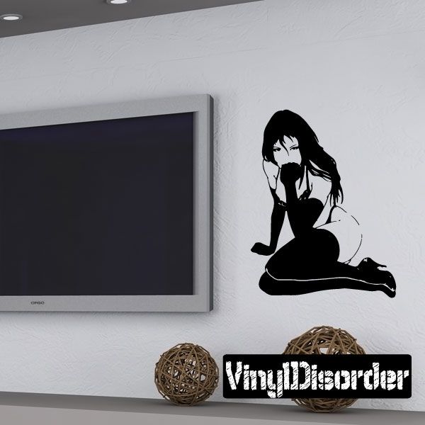 Lingerie and thigh-high woman silhouette wall decal, black with VingDiaborder text