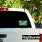 International Zombie Hunting Permit sticker on rear window, green and white text