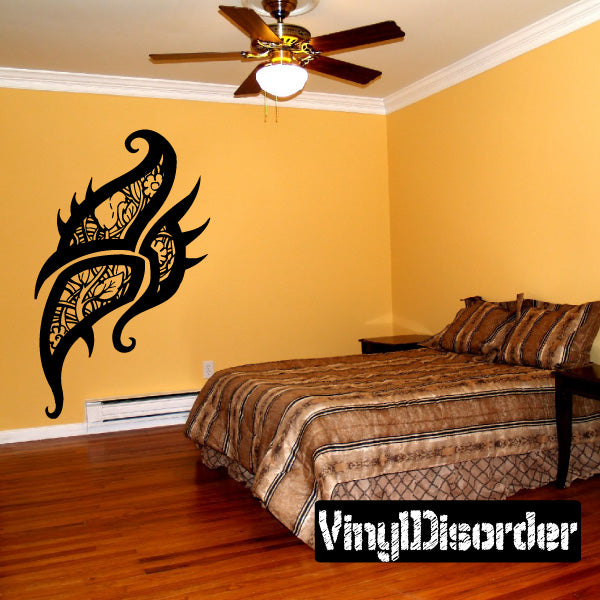 Ornate black floral tattoo wall decal with curled vine and pointed details