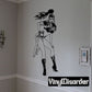 Black line-art warrior woman wall decal with flaming hair and raised weapon