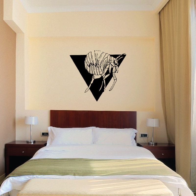 Inverted triangle flea wall decal, black triangle with line-art flea illustration