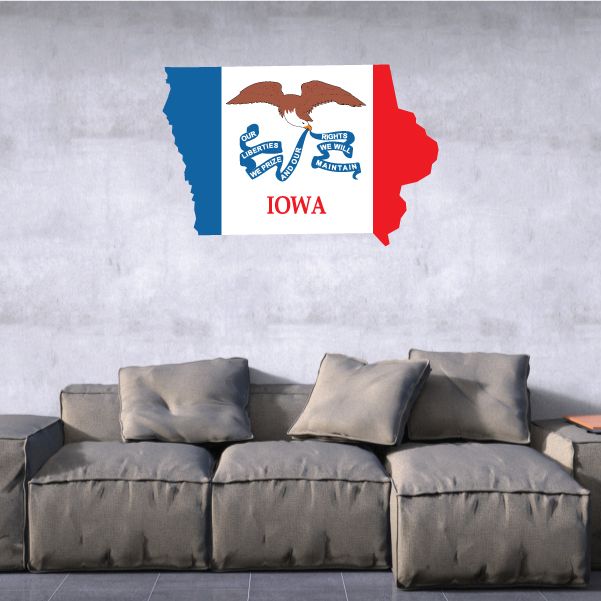 Iowa state flag sticker with blue outline and red state shape holding Iowa flag.