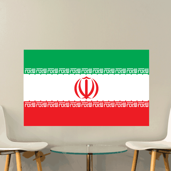 Iran flag sticker, rectangular with green-white-red stripes and red emblem