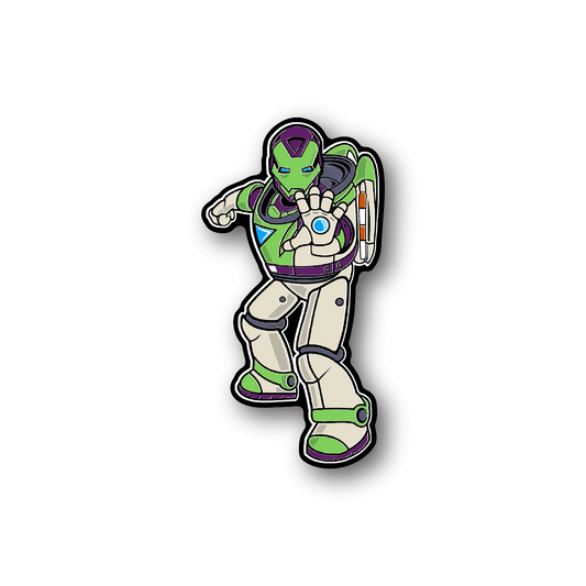 Vinyl sticker featuring a green-and-purple cartoon robot in a space suit