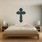 Iron wall decal featuring an ornate Gothic cross in dark teal