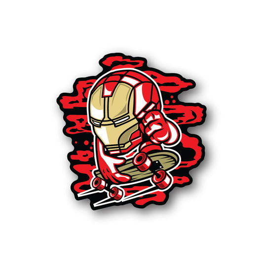 Iron skate vinyl sticker with red and white helmet graphic and skate