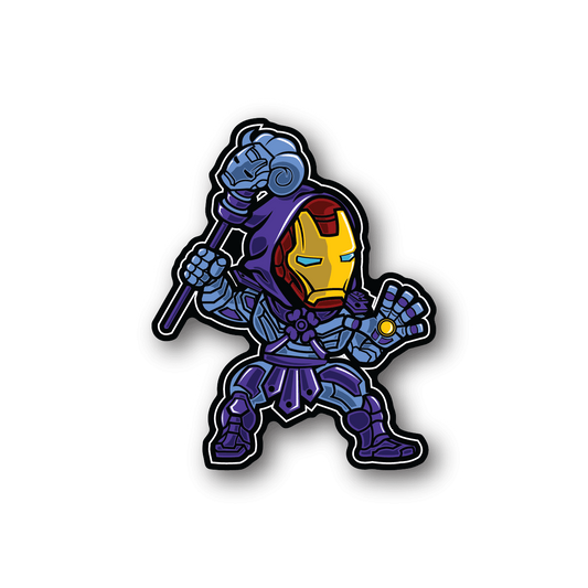 Vinyl sticker of a blue-and-purple armored skeleton holding a sword and shield