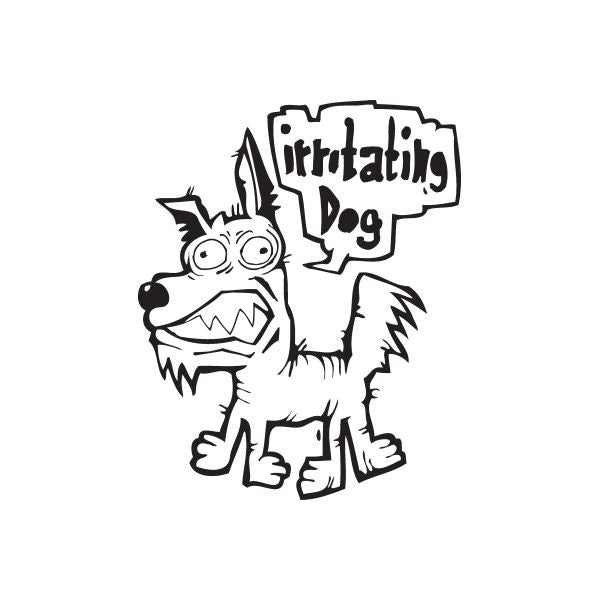 Cartoon dog decal with 'Irritating Dog' speech bubble
