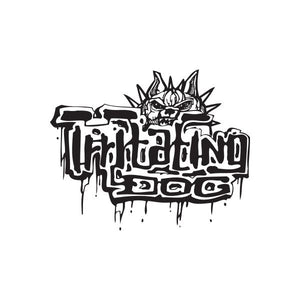 Graffiti dog text decal with snarling face and dripping black and white paint lettering