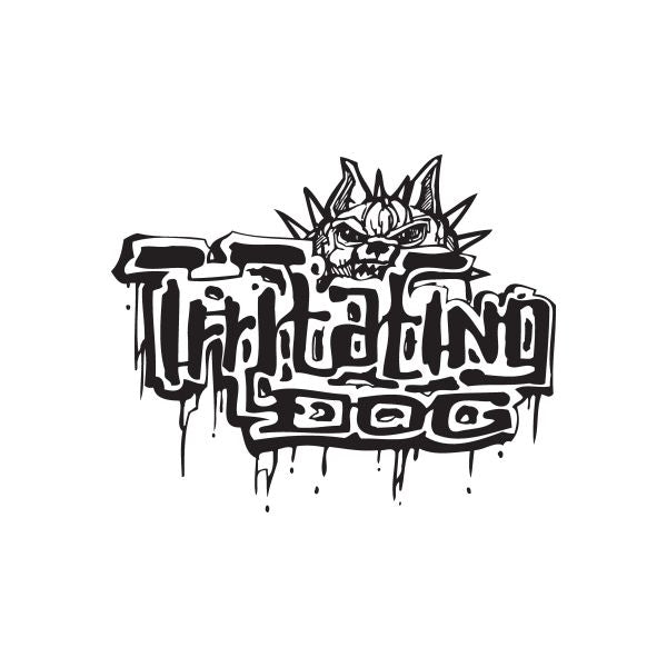 Graffiti dog text decal with snarling face and dripping black and white paint lettering