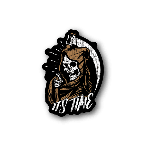 Vinyl sticker with two hooded skull figures and bold white graphic text