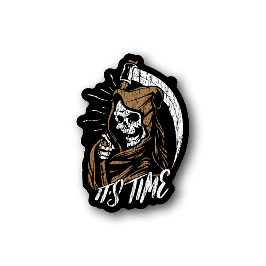 Vinyl sticker with two hooded skull figures and bold white graphic text