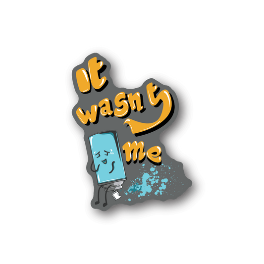 Vinyl sticker with cartoon text “wash me” and splatter graphic
