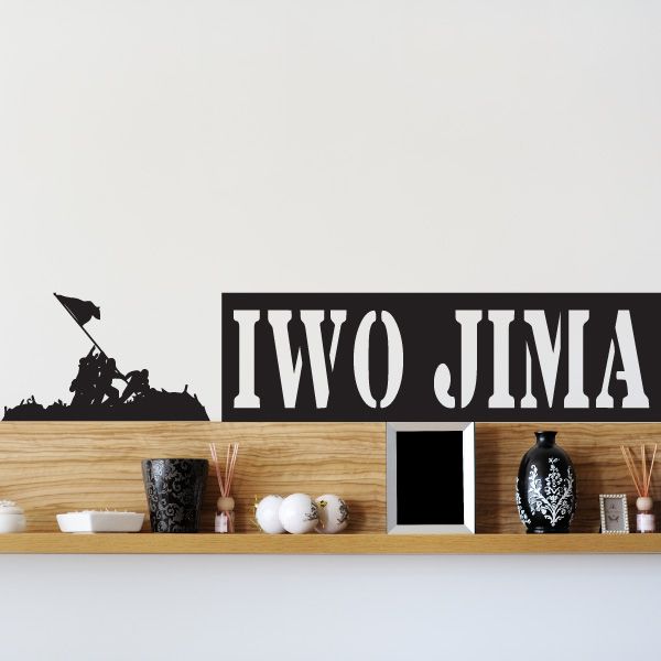 Iwo Jima wall decal: white 'IWO JIMA' text with soldier silhouette