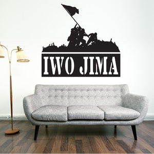 Iwo Jima flag decal with black soldier silhouette and bold white IWO JIMA text