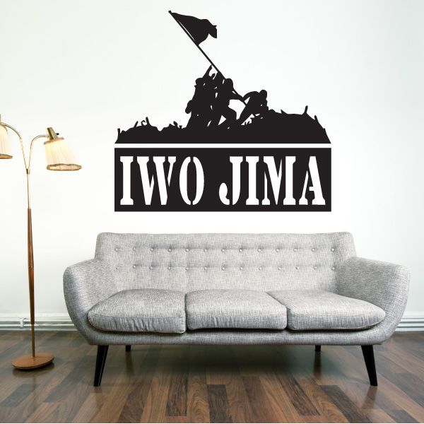 Iwo Jima flag decal with black soldier silhouette and bold white IWO JIMA text