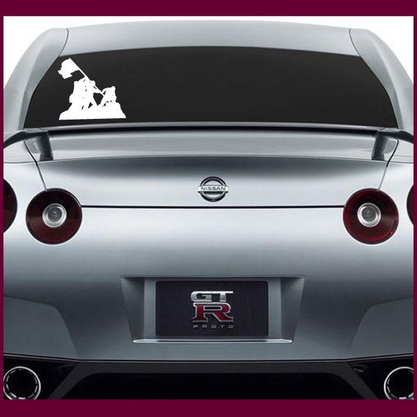 Iwo Jima flag decal with white soldier silhouette on dark rear window