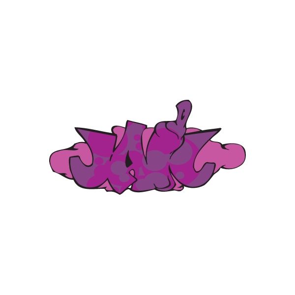Purple graffiti-style sticker with abstract tag shapes