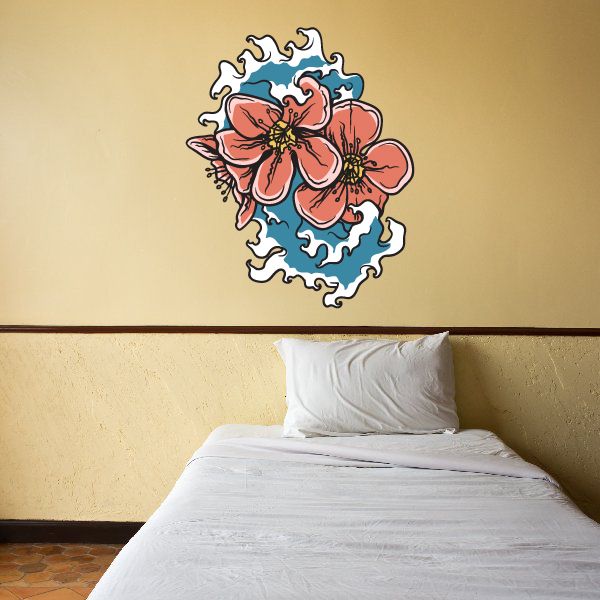 Cherry blossom wall decal vinyl sticker with pink flowers and blue accents, Uscolor006