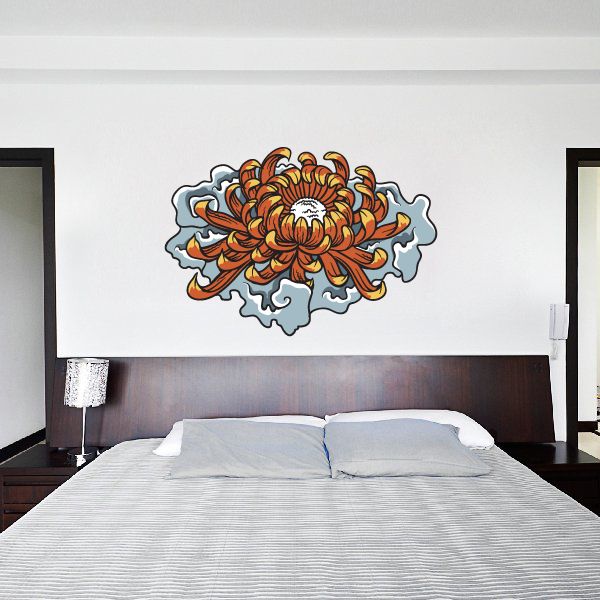 Japanese floral lilly pad flower wall decal with orange and white bloom