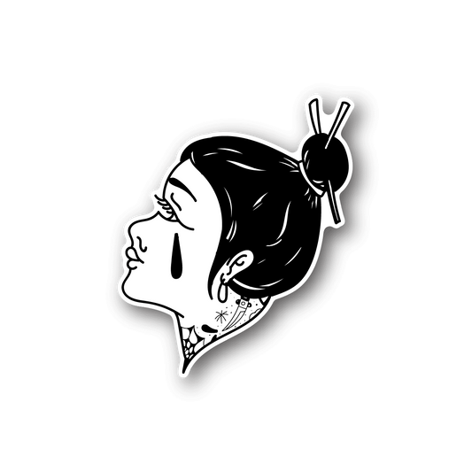 Vinyl sticker of illustrated woman side profile with black hair and hat