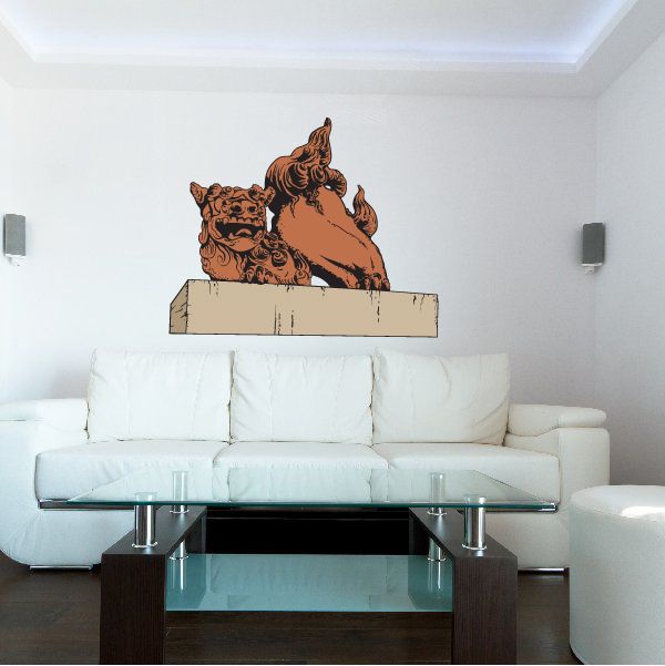 Japanese landmark sticker of a brown guardian lion statue with detailed line art