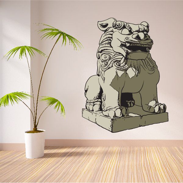 Japanese guardian lion-dog wall sticker with ornate black line art, seated pose