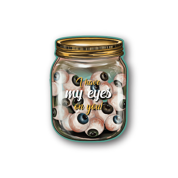 Jar of Eyes vinyl sticker with clear jar and lid, filled with cartoon eyes.