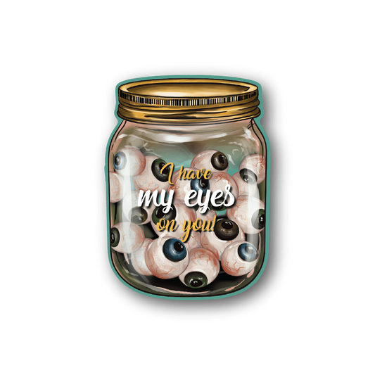 Jar of Eyes vinyl sticker with clear jar and lid, filled with cartoon eyes.
